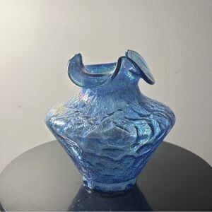 UV Reactive Fenton Twilight Blue Iridescent Crackle Vase Ruffled Rim